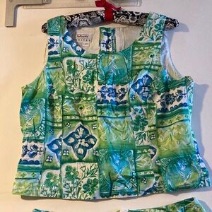 VINTAGE TALBOTS GREEN/BLUE SKIRT SET TILE SHELL PRINT EUC